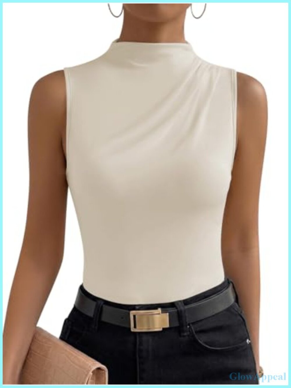 Mock Neck Sleeveless Tank Top Ruched Asymmetrical Business Casual Work Blouse